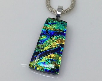 Blue Gold Necklace, Dichroic Glass Pendant, Fused Glass Jewelry