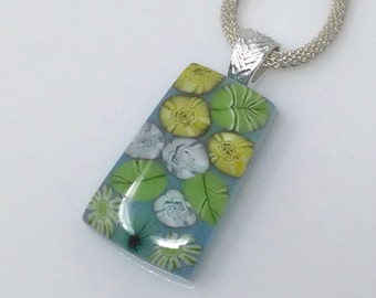 Yellow White Rose Millefiori Pendant, Fused Glass Jewelry, Floral Garden Necklace