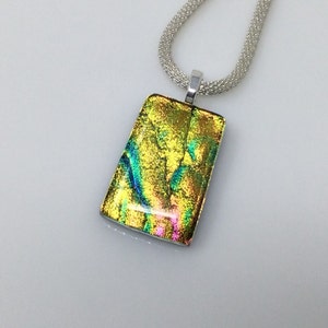 Gold Blue Pink Necklace, Dichroic Glass Pendant, Fused Glass Jewelry