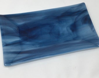 Fused Glass Tray, Blue Streaky Art Glass Dish, Decorative Serving Tray