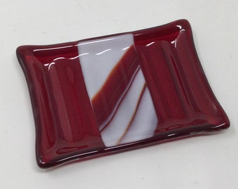 Red White Fused Glass Soap Dish, Art Glass Sponge Holder, Handmade Bath Decor