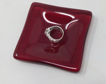 Cherry Red Ring Dish, Fused Glass Ring Dish, Art Glass Trinket Tray