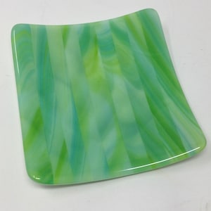Green & Blue Fused Art Glass Plate: Strip Cut Serving Dish