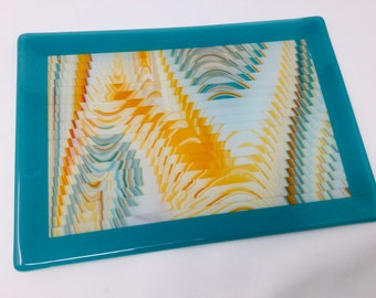 Fused Glass Strip Cut Plate, Southwest Turquoise Orange Ivory Art Glass Serving Tray