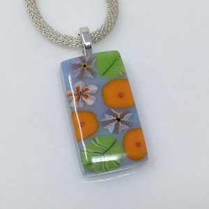 Marigold White Green Millefiori Pendant, Fused Glass Jewelry, Floral Garden Necklace