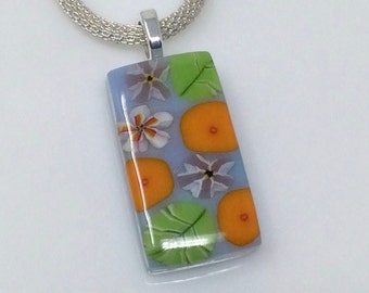 Marigold White Green Millefiori Pendant, Fused Glass Jewelry, Floral Garden Necklace