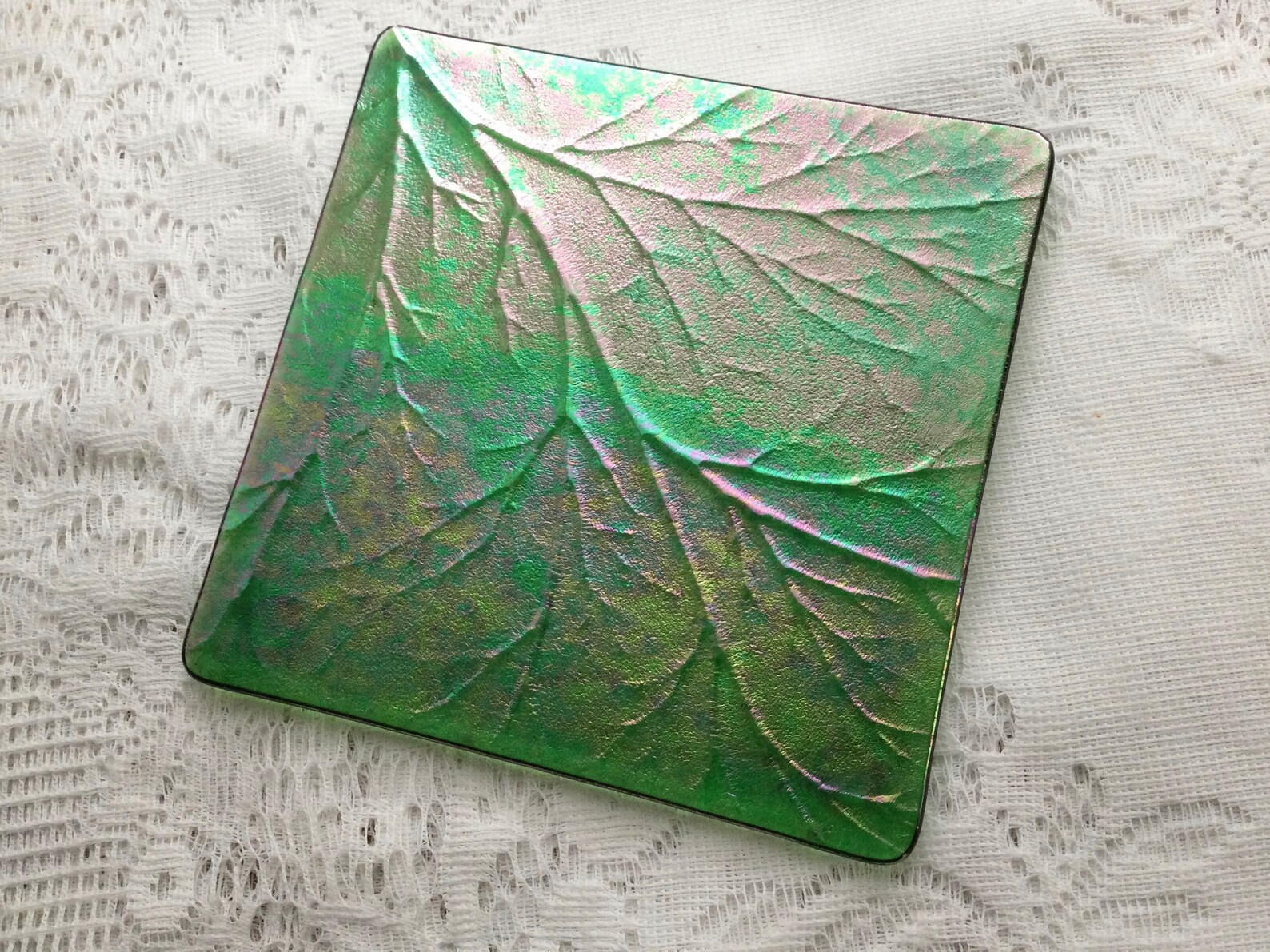 Iridescent Leaf Textured Art Glass Trivet Fused Glass Trivet Etsy