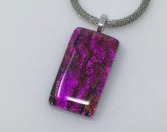 Magenta Pink Purple Necklace, Dichroic Glass Pendant, Fused Glass Jewelry