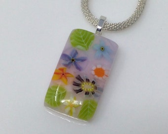 Pink Green Blue Millefiori Pendant, Fused Glass Jewelry, Floral Garden Necklace