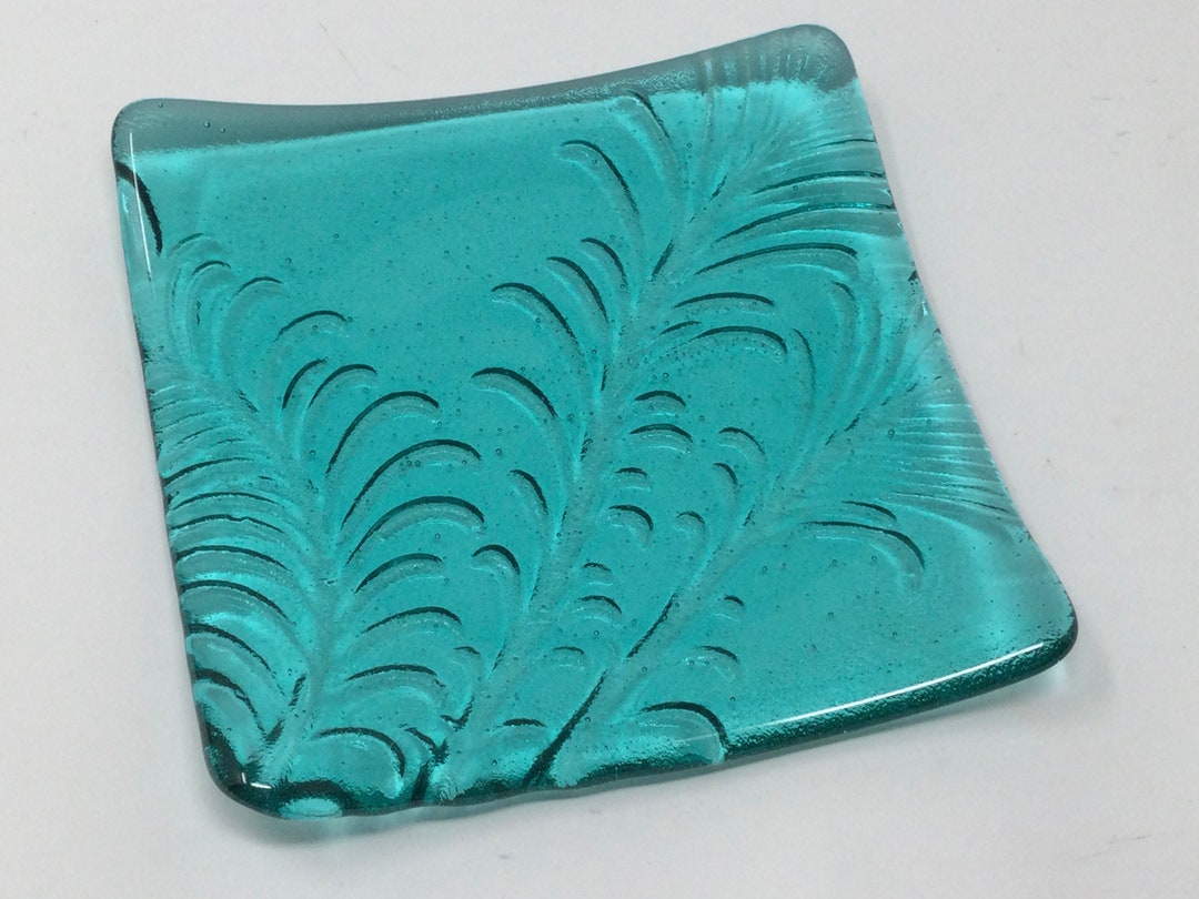 Aquamarine Feather Embossed Art Glass Dish Fused Glass Dish Etsy