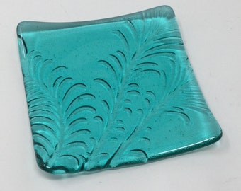 Aquamarine Feather Embossed Art Glass Dish, Fused Glass Dish, Decorative Glass Tray