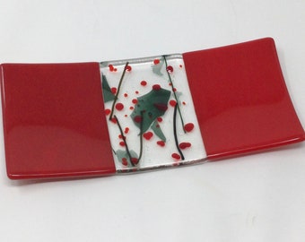 Red Green Holly Berry Fused Glass Tray, Art Glass Holiday Serving Tray