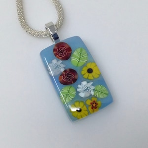 Red Yellow White Green Millefiori Pendant, Fused Glass Jewelry, Floral Garden Necklace