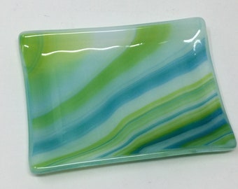 Green Blue Fused Glass Soap Dish, Art Glass Sponge Holder, Handmade Bath Decor
