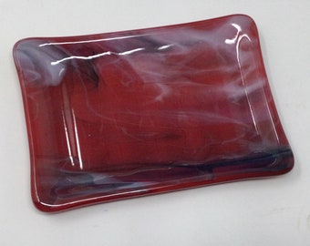 Red Gray Black Fused Glass Soap Dish, Art Glass Sponge Holder, Handmade Bath Decor