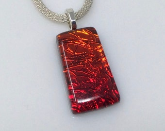 Red Dichroic Glass Pendant, Fused Glass Jewelry, Red Gold Dichroic Glass Necklace