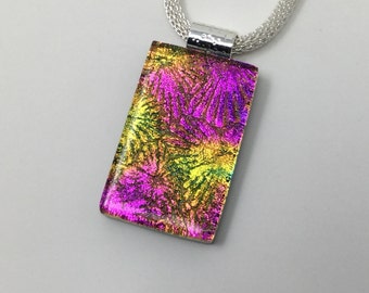 Magenta Pink Yellow Starburst Necklace, Dichroic Glass Pendant, Fused Glass Jewelry