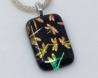 Dichroic Dragonfly Pendant, Fused Glass Jewelry, Dragonfly Necklace