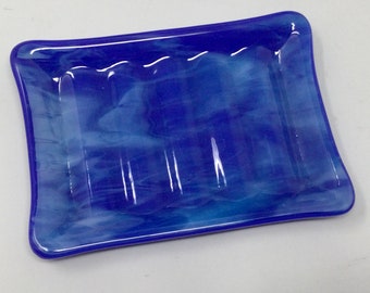 Blue Streaky Fused Glass Soap Dish, Art Glass Sponge Holder, Handmade Bath Decor
