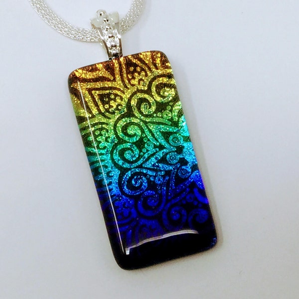 Dichroic Glass Mandala Pendant, Fused Glass Jewelry, Blue Aqua Gold Mandala Art Nouveau Necklace