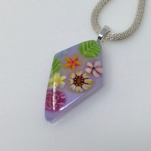 Lavender Pink Green Millefiori Pendant, Fused Glass Jewelry, Floral Garden Necklace