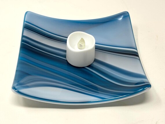 Blau-Weißer Fused Art Glasteller, Dekorativer Servierteller