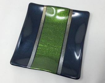 Aventurine Blue Green Gold Art Glass Dish, Fused Glass Plate