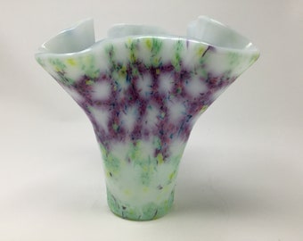 Fused Glass Vase, Purple Green Kiln Formed Art Glass Sculpture