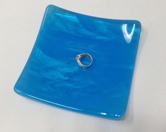 Blue Fused Glass Dish, Blue Streaky Art Glass Plate, Decorative Glass Tray