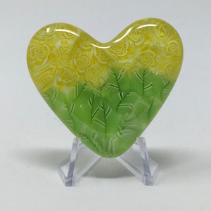 Fused Glass Pocket Heart, Fused Glass Gifts, Yellow Green Millefiori Pocket Hug