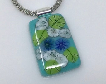 White Blue Millefiori Pendant, Fused Glass Jewelry, Floral Garden Necklace