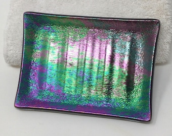 Iridescent Black Purple Green Fused Glass Soap Dish, Art Glass Sponge Holder, Handmade Bath Decor