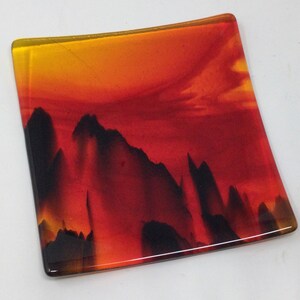 Red Yellow Black Streaky Art Glass Plate, Fused Glass Landscape Tray, Decorative Dish