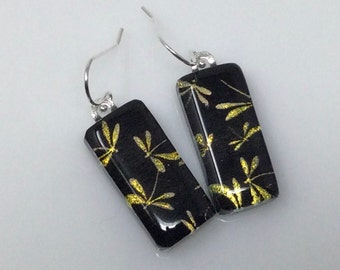 Dichroic Gold Dragonfly Earrings: Fused Glass Jewelry, Argentium Silver Earwire