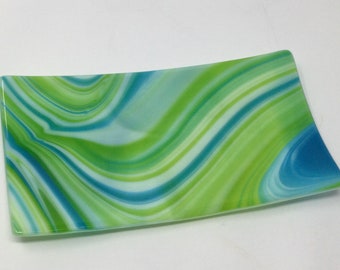 Blue Green Art Glass Tray, Fused Glass Tray, Glass Serving Dish