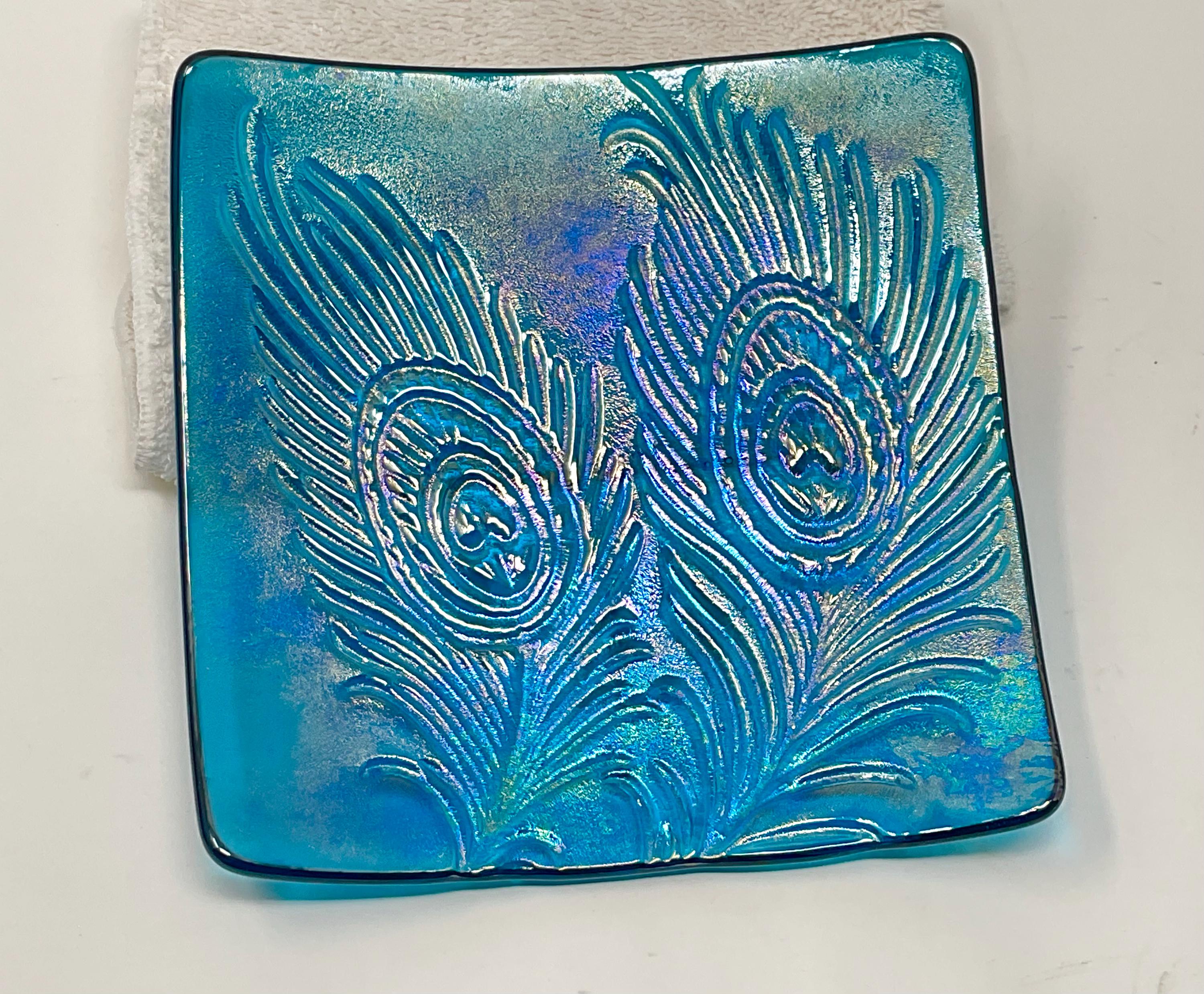 Iridescent Fused Glass Peacock Plate: Blue Feather Art Dish - Etsy