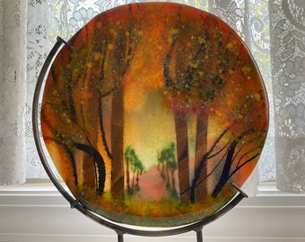 Fused Glass Tree Landscape Art, Woodland Forest Landscape Glass Art with Steel and Wood Stand