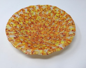 Orange Yellow Fused Art Glass Confetti Bowl: Autumn Decor, Serving Bowl