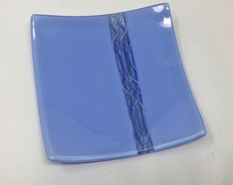 Blue Lavender Fused Glass Plate, Twisted Cane Art Glass Serving Dish