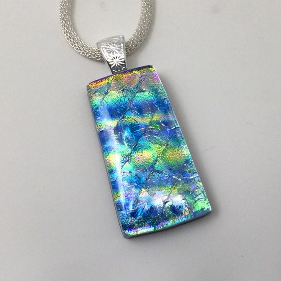 Blue Yellow Pink Necklace Dichroic Glass Pendant Fused Glass