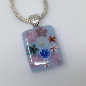 Blue Pink Millefiori Pendant, Fused Glass Jewelry, Floral Garden Necklace
