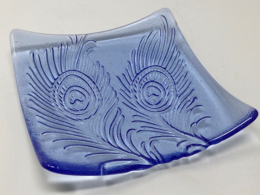 Fused Glass Peacock Plate, Sapphire Blue Peacock Feather Art Glass Dish Etsy