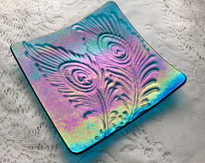 Fused Glass Peacock Plate Iridescent Blue Peacock Feather Art Etsy