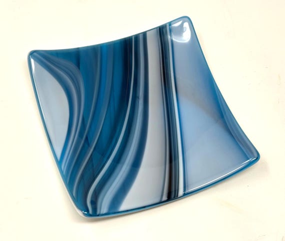 Blau-Weißer Fused Art Glasteller, Dekorativer Servierteller