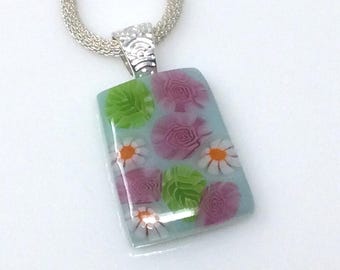 Pink Rose Millefiori Pendant, Fused Glass Jewelry, Floral Garden Necklace