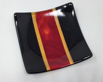 Red Black Gold Fused Glass Plate, Art Glass Dish, Black Red Serving Dish