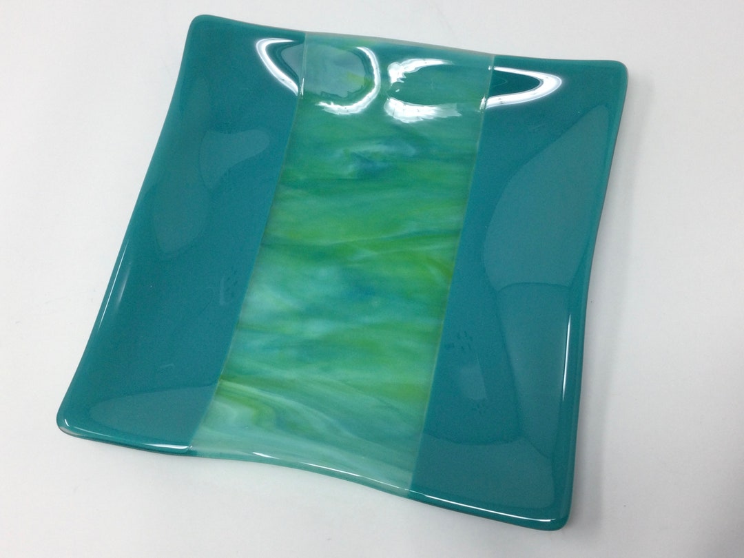 Teal Blue Green Fused Glass Plate Art Glass Dish Decorative Etsy