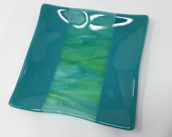 Teal Blau Grün Geschmolzener Glas Teller, Kunst Glas Schale, dekorative Servierplatte