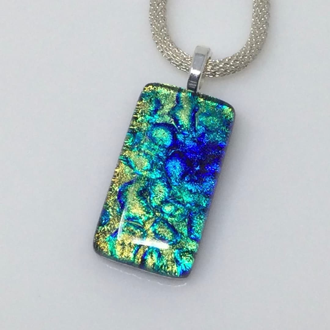 Blue Green Gold Necklace, Dichroic Glass Pendant, Fused Glass