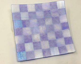 Iridescent Blue Purple Patchwork Quilt Plate, Fused Art Glass Dish